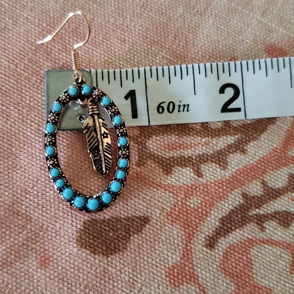 Feather Hoop Earrings. Oval Flower Floral Copper Color Boho Cowgirl Western - Picture 8 of 9